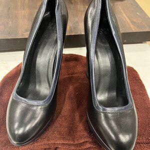 Escada Sport Black Leather Wedge Pumps with Navy Blue Trim | Size 9.5